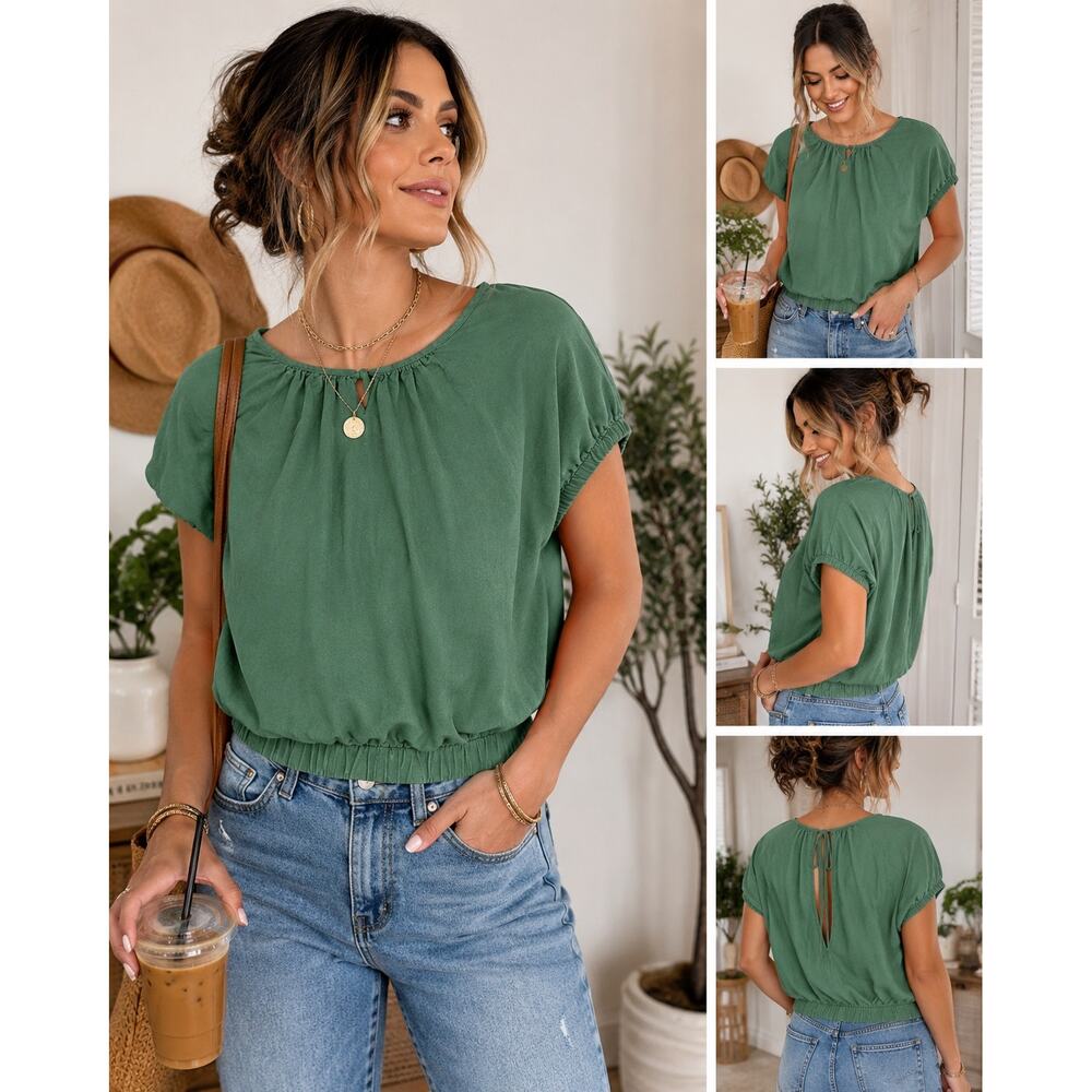 Casual Green Short Sleeve Blouse